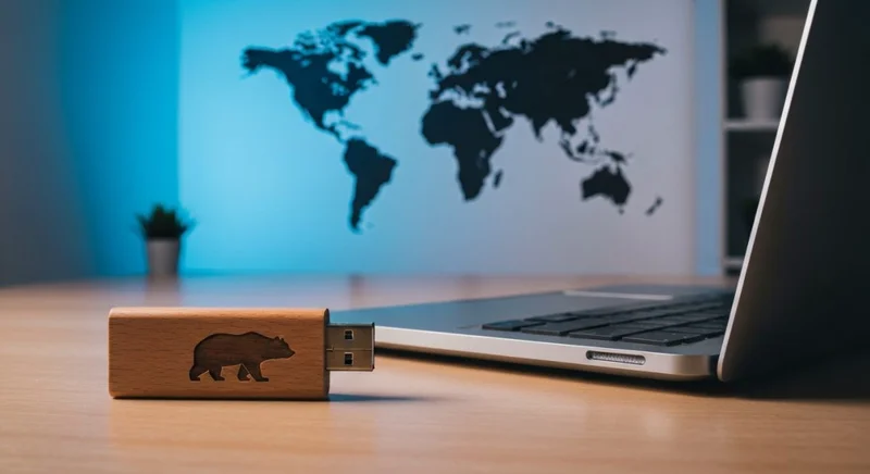 USB de madera con logotipo de oso y portátil plateado
