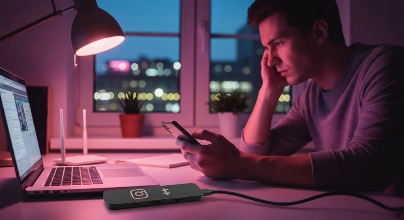 Usuario cansado frente a laptop con hub USB Instagram grabado