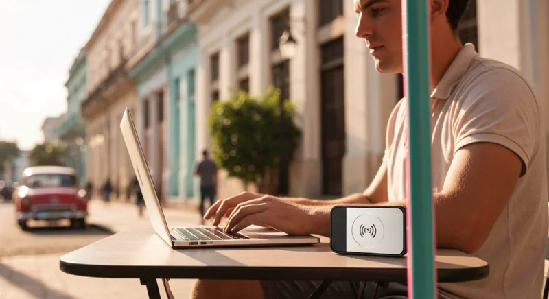 Viajero en café cubano con laptop y router logotipo minimalista