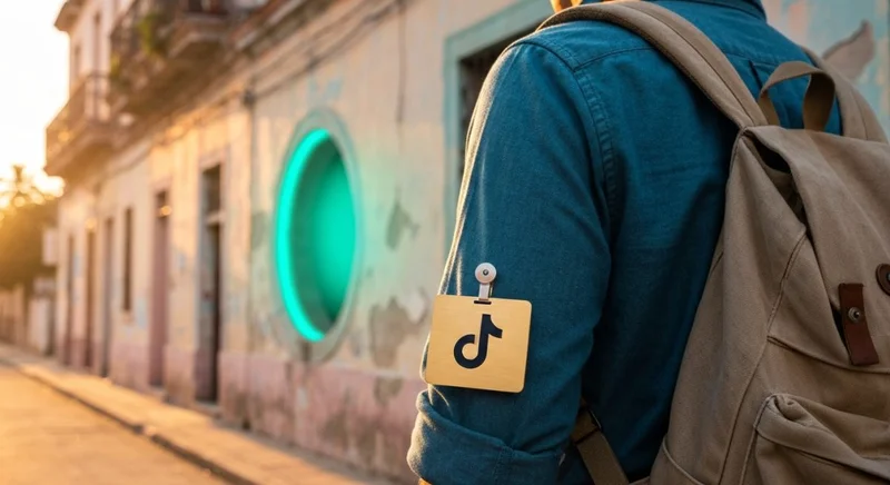 Viajero solo en calle cubana con insignia TikTok en mochila