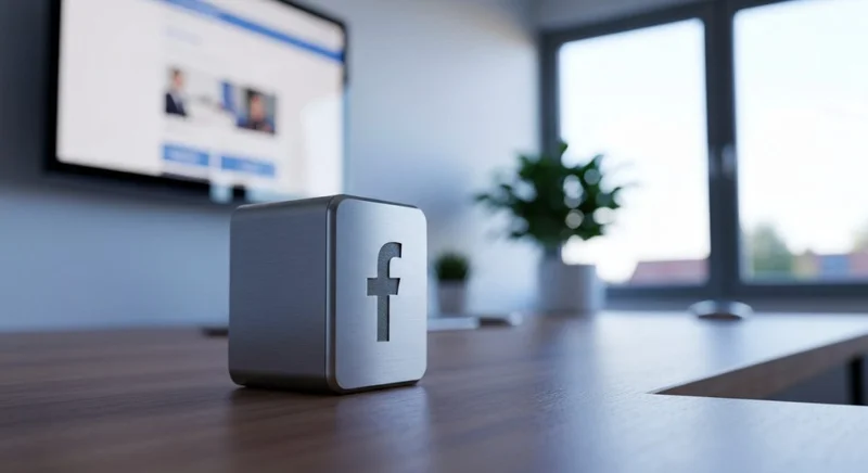 Widget de escritorio futurista en acero cepillado con logo de Facebook