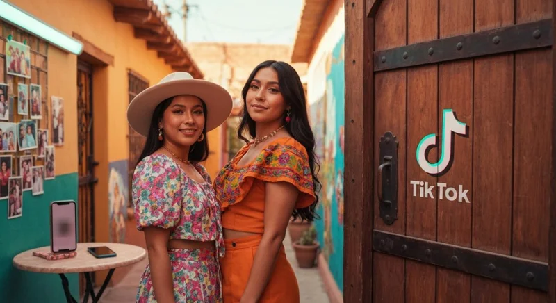 Yeana y Zao en patio latino soleado con mural TikTok