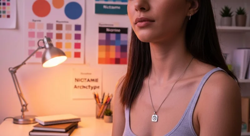 Yoselin en estudio iluminado collar con colgante grabado signo Instagram