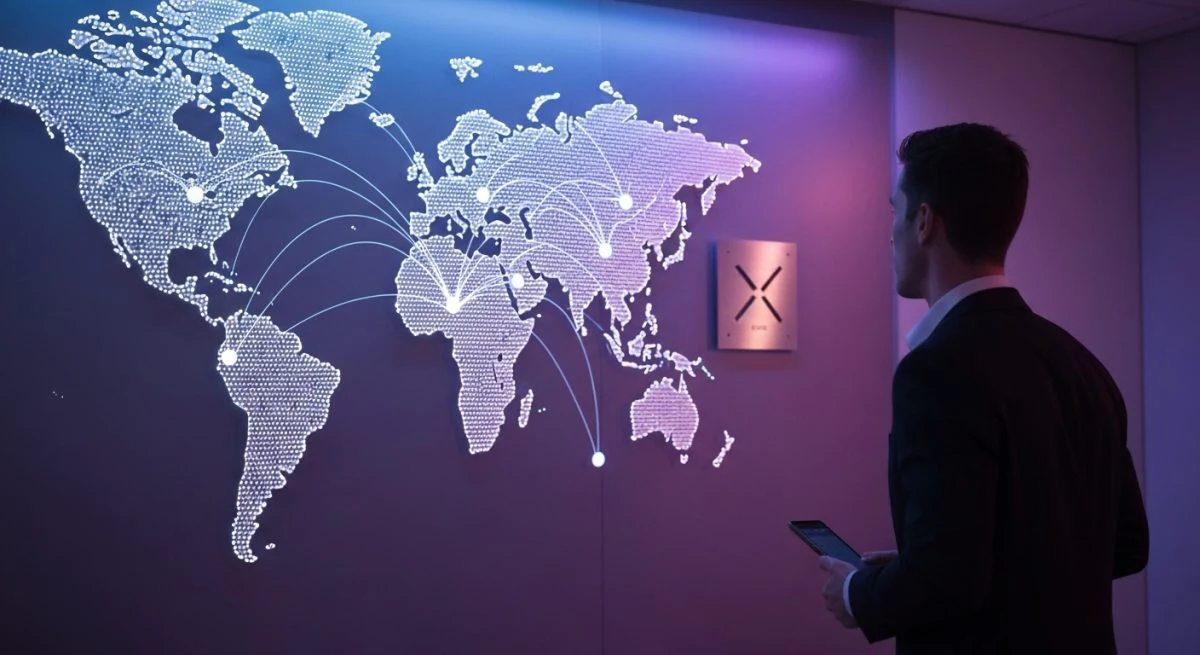 Analista de datos ante mapa mundial con nodos iluminados X