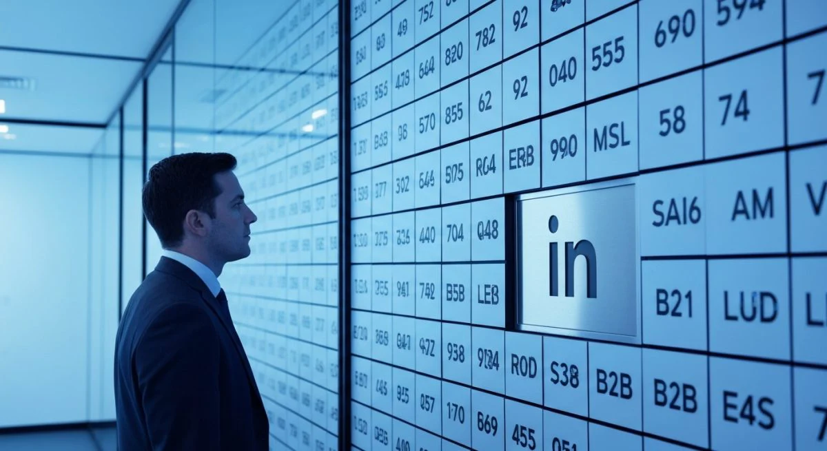 Analista de datos frente a muro de fichas numéricas LinkedIn