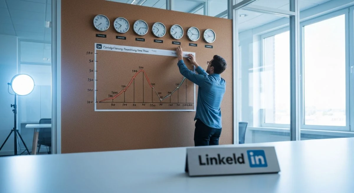 Analista de marketing revisa horario LinkedIn en tablón de corcho