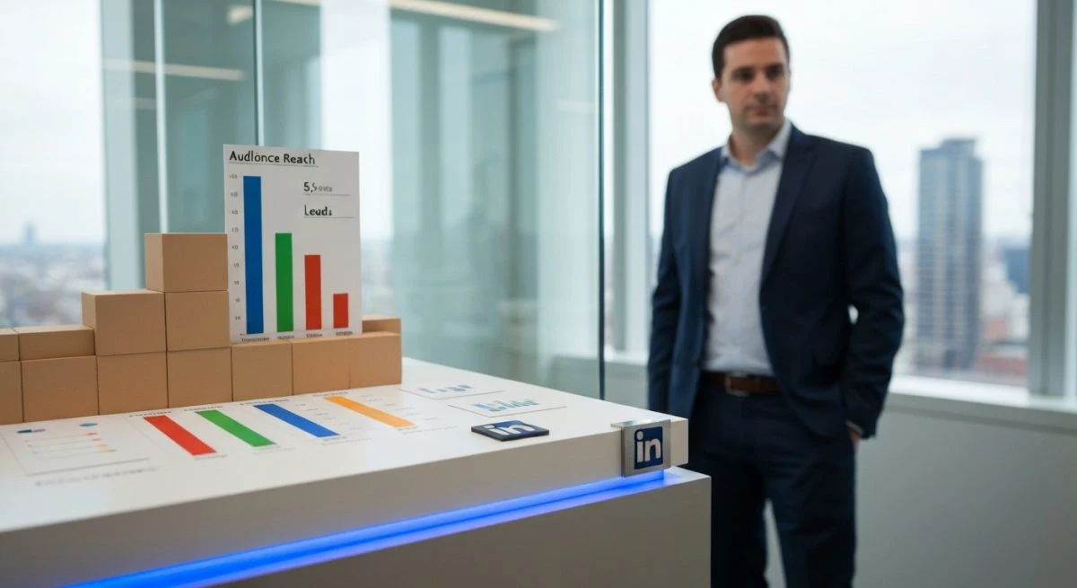 Analista de negocios junto a tablero KPI con logo LinkedIn