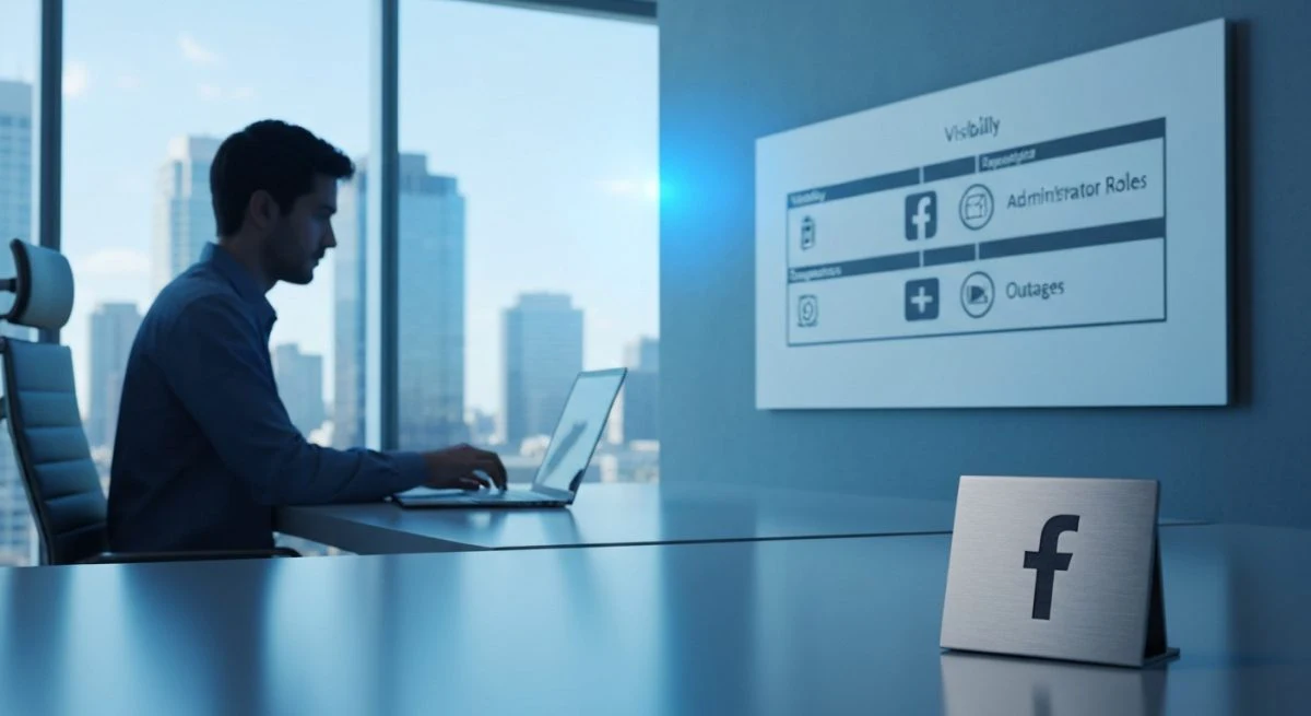 Analista forense digital observa tablero de diagnostico con insignia Facebook