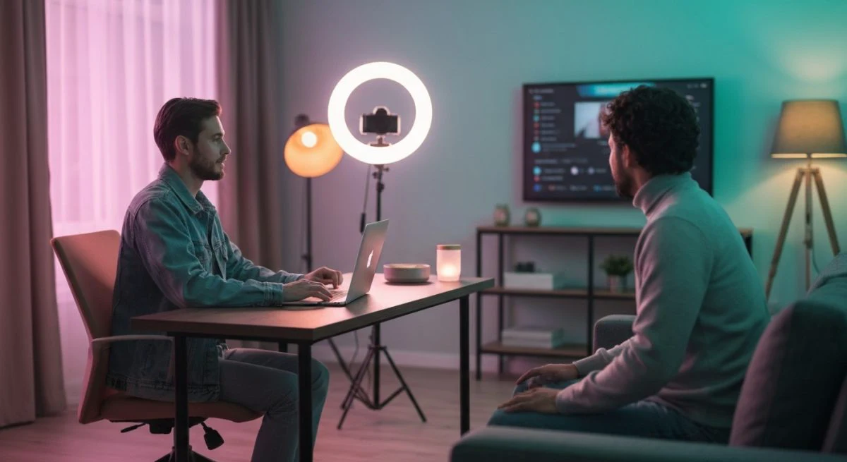 Anfitrión y invitado en sala acogedora para TikTok Live listos