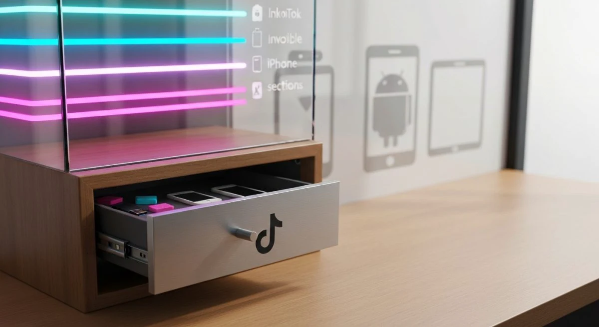 Archivador de vidrio en escritorio minimalista con logo TikTok visible