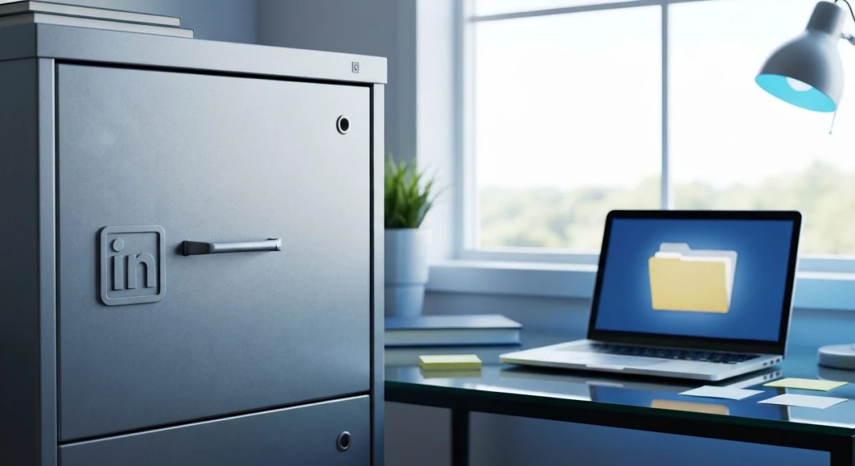 Archivador metálico minimalista con logo LinkedIn grabado y portátil cercano