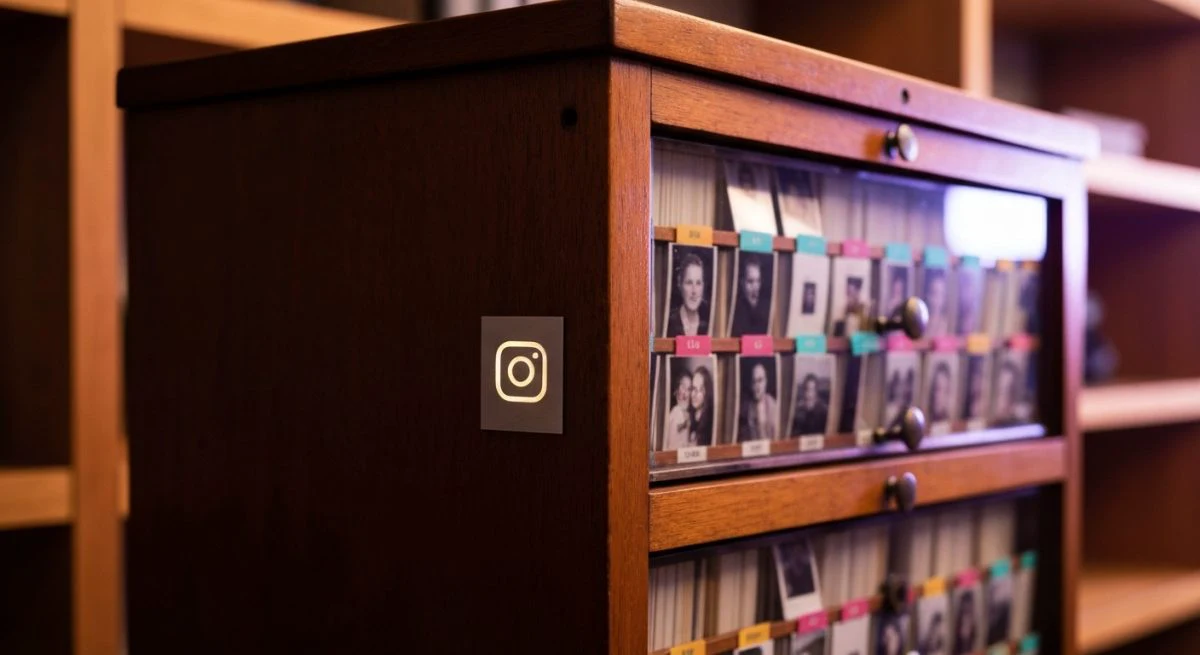 Archivador vintage de madera con cajones de vidrio Instagram visible