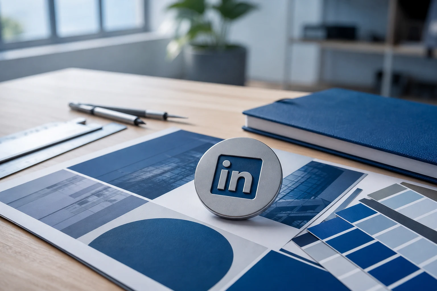 Badge circular metálico con logo LinkedIn sobre portada inspirada LinkedIn