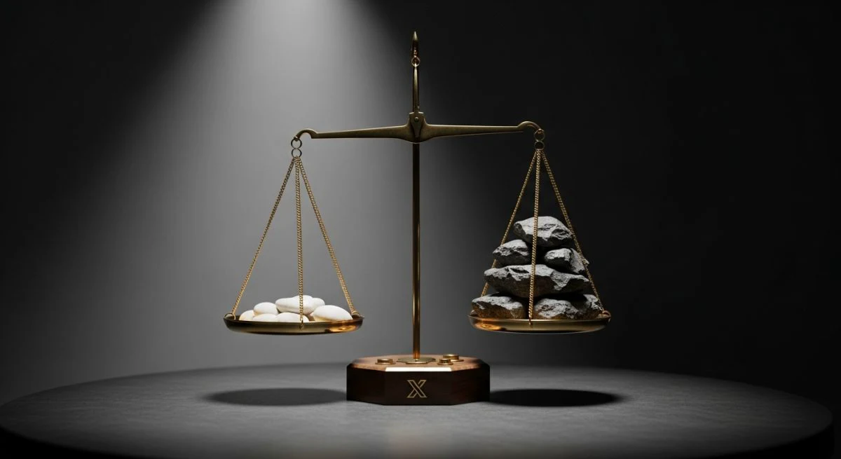 Balanza de justicia de bronce vintage desbalanceada sobre mesa de concreto