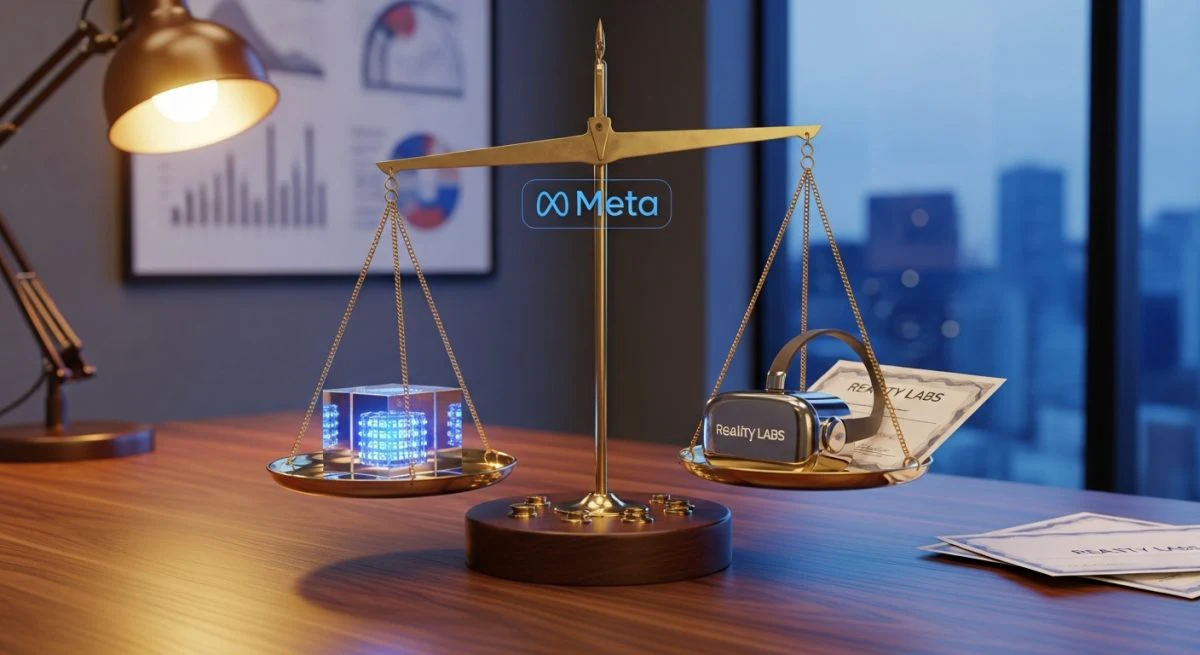 Balanza de latón con Meta y Reality Labs sobre escritorio