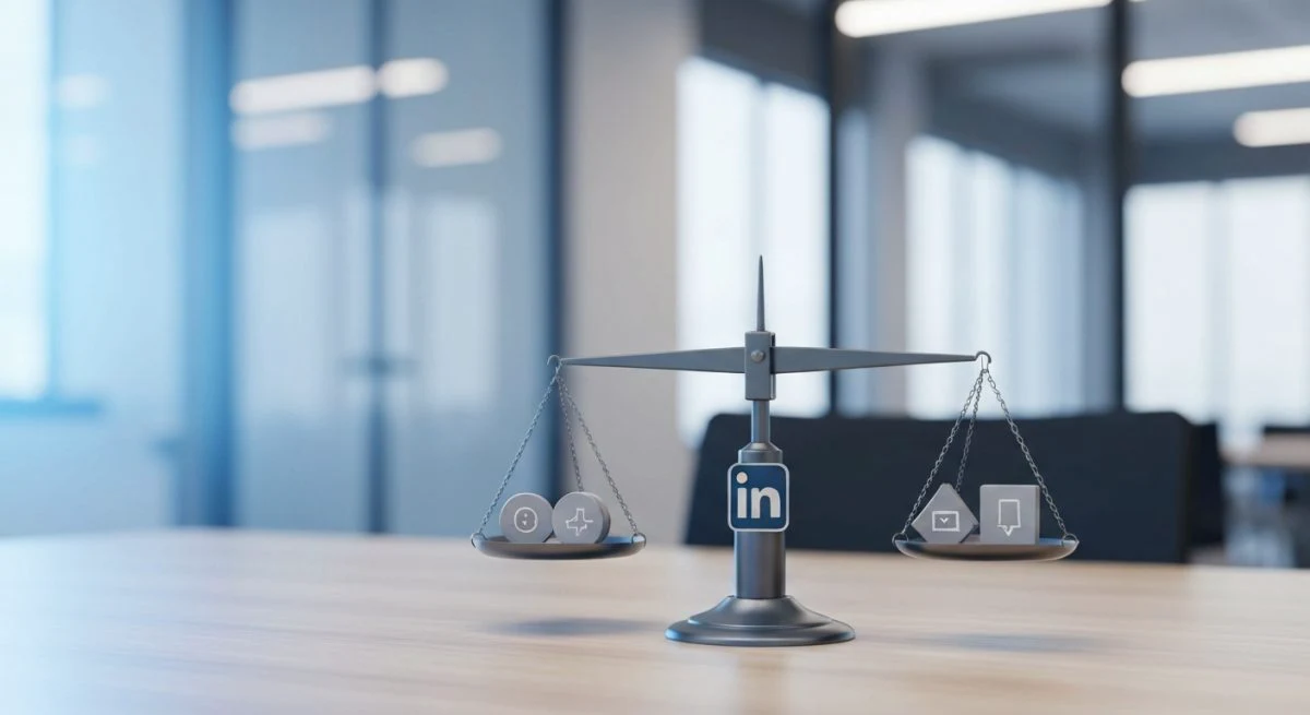 Balanza moderna con logo de LinkedIn y fichas de contratación