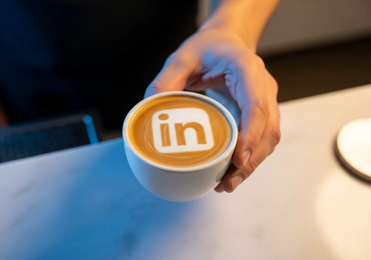 Barista ofrece taza de café con latte art de LinkedIn