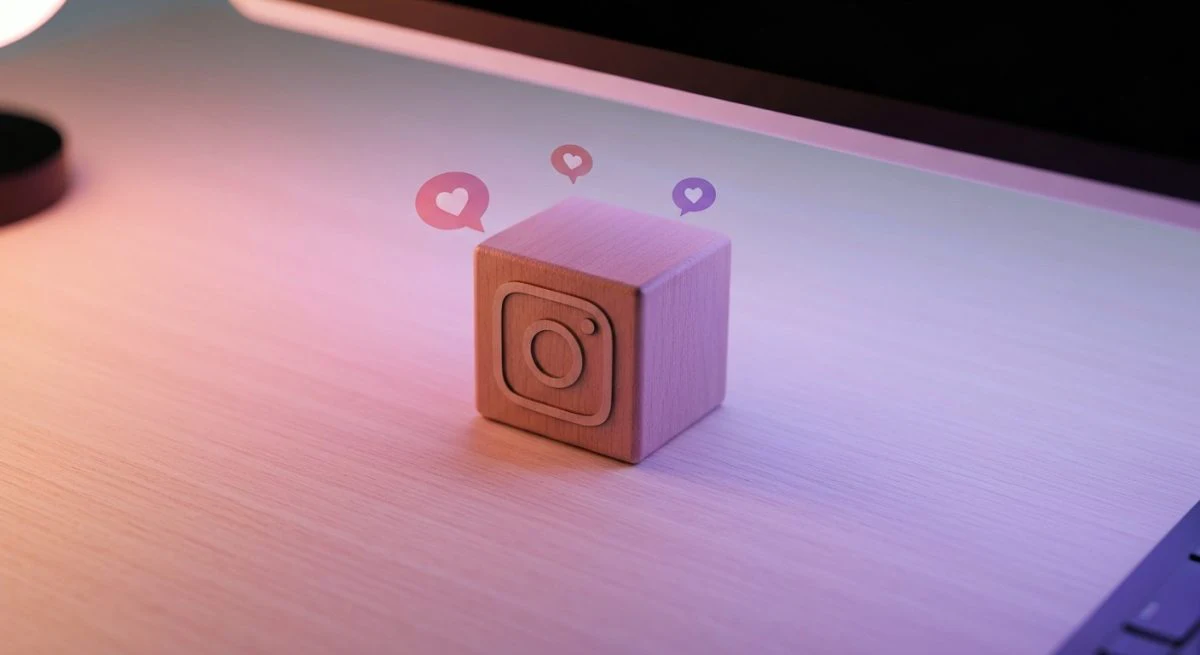 Bloque de madera pulida con logotipo de Instagram en escritorio