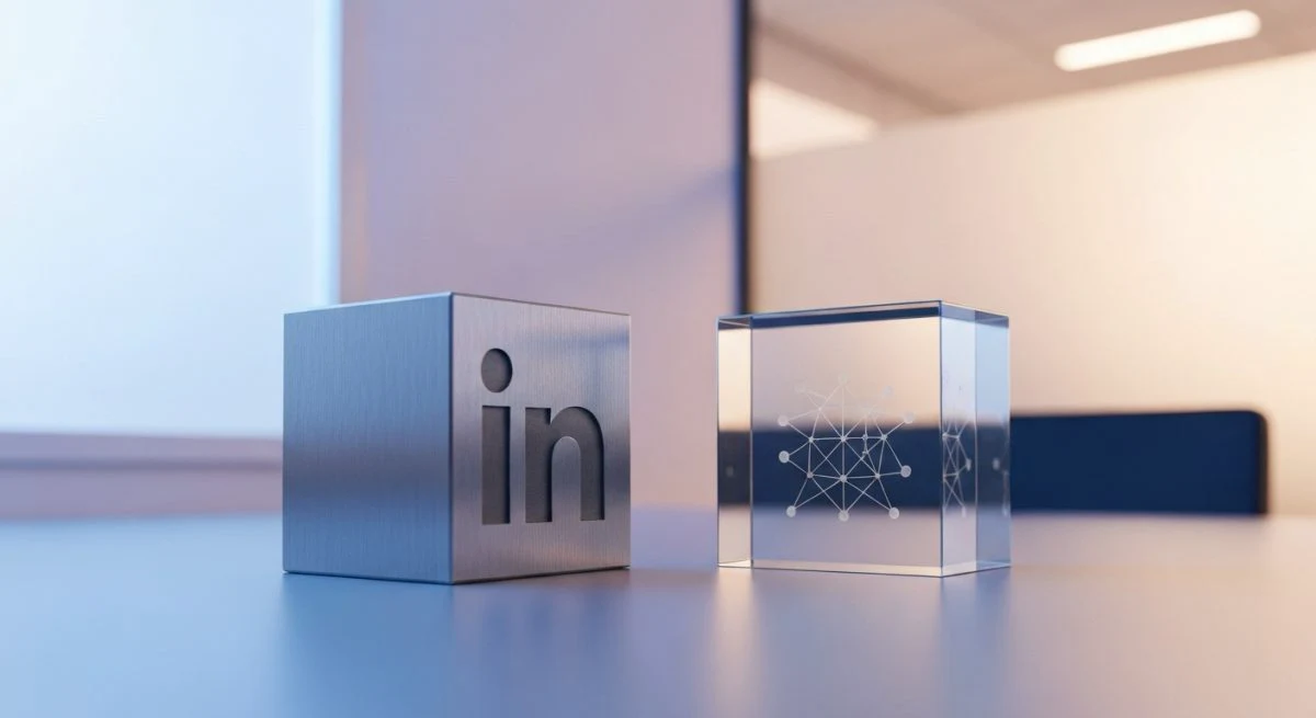 Bloque de metal con logo LinkedIn y cubo de cristal