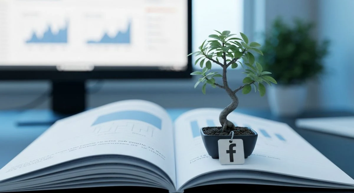 Bonsái en libreta con diagramas de crecimiento para Facebook logo