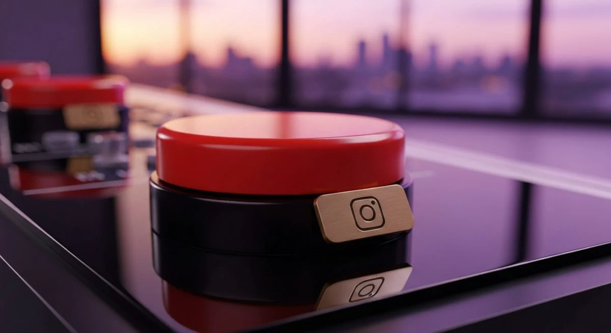 Botón rojo de reinicio con placa Instagram grabada en panel negro