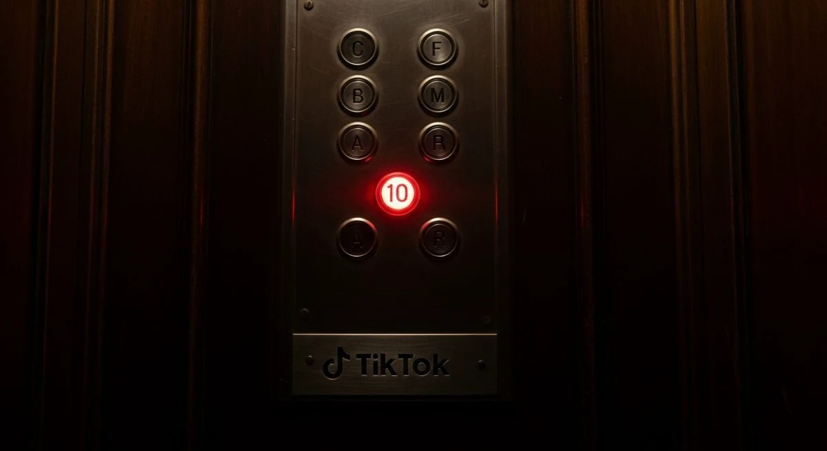 Botón rojo iluminado en panel de ascensor antiguo con logo TikTok