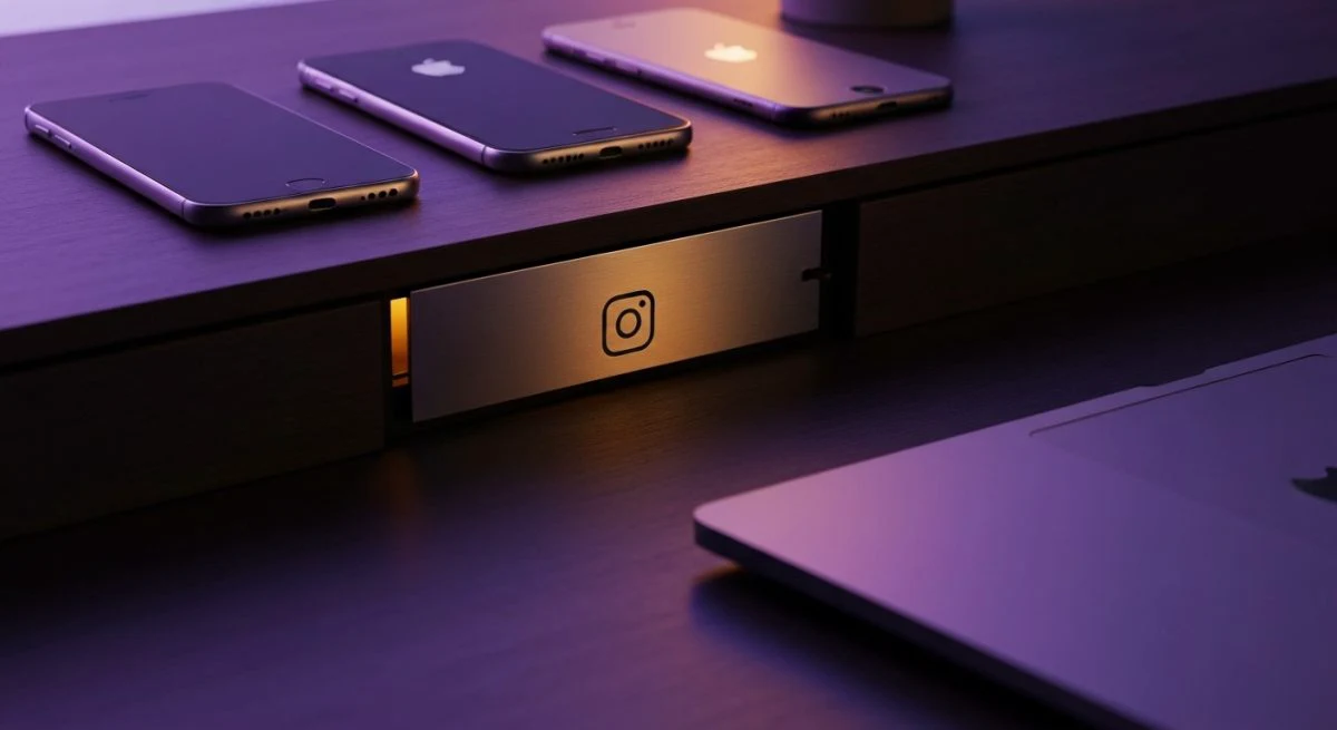 Bóveda de contraseñas integrada en escritorio madera oscura con Instagram