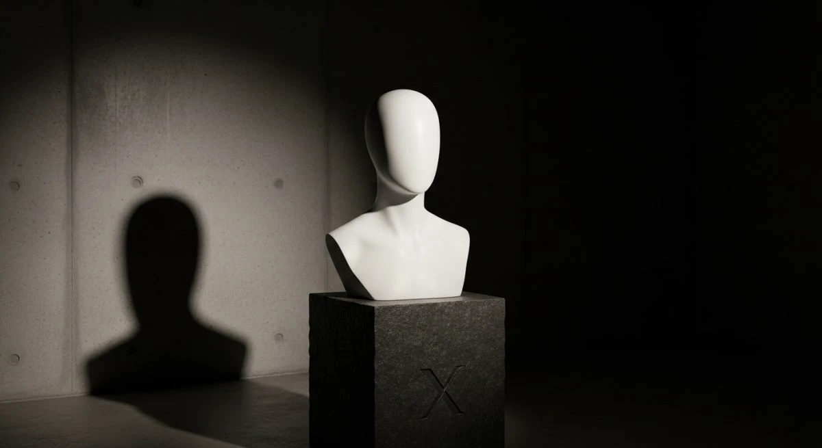 Busto de maniquí blanco mate con logo X en pedestal oscuro
