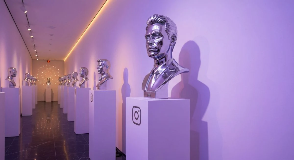 Bustos de celebridades en cromado sobre pedestales minimalistas con Instagram