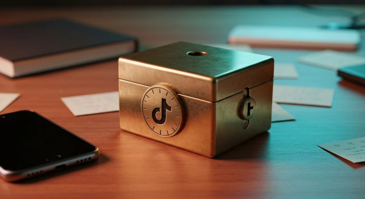 Caja cerrojo de latón vintage con dial TikTok sobre escritorio cálido
