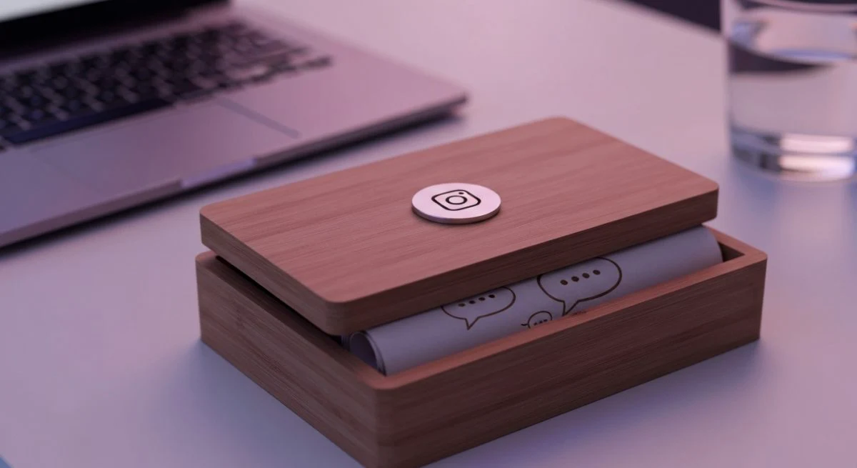 Caja de madera minimalista con logotipo Instagram pergamino con burbujas