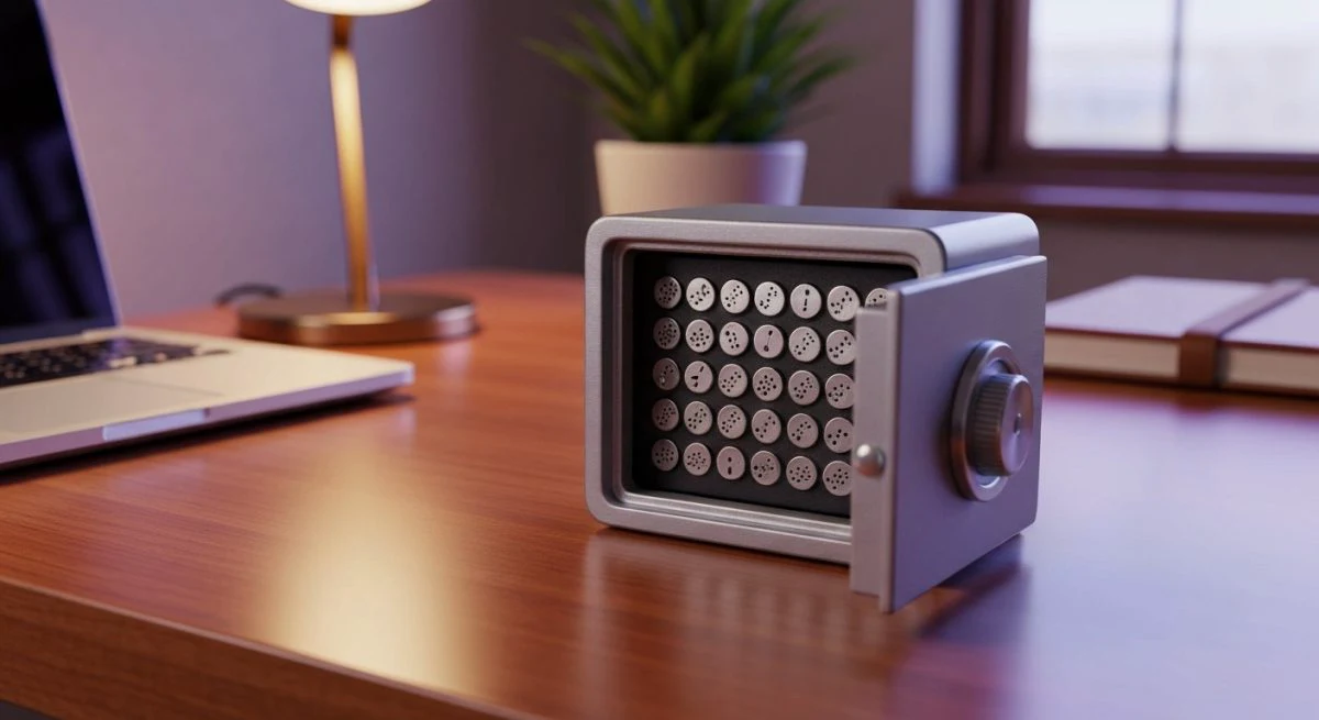 Caja fuerte metal abierta en escritorio con grabado Instagram códigos
