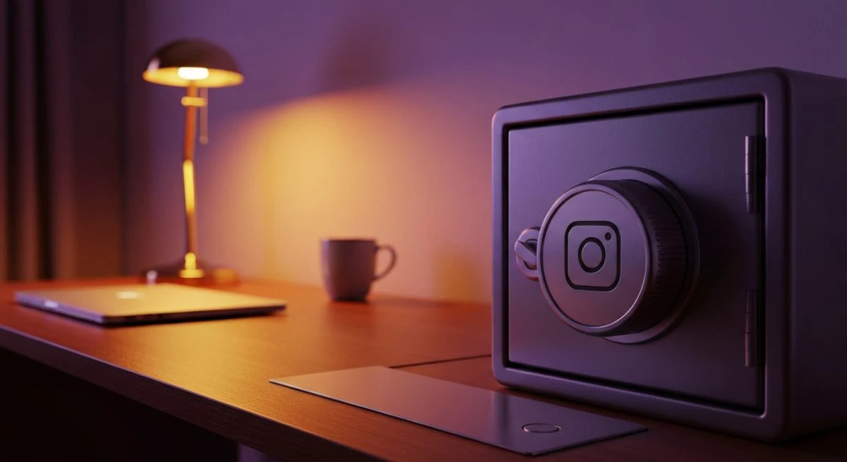 Caja fuerte metal incrustada en escritorio madera con dial Instagram