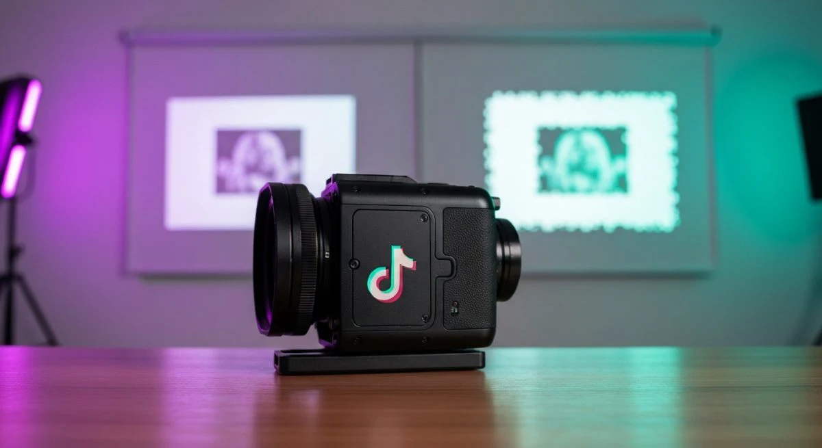 Cámara digital de cine sobre mesa madera logo TikTok grabado