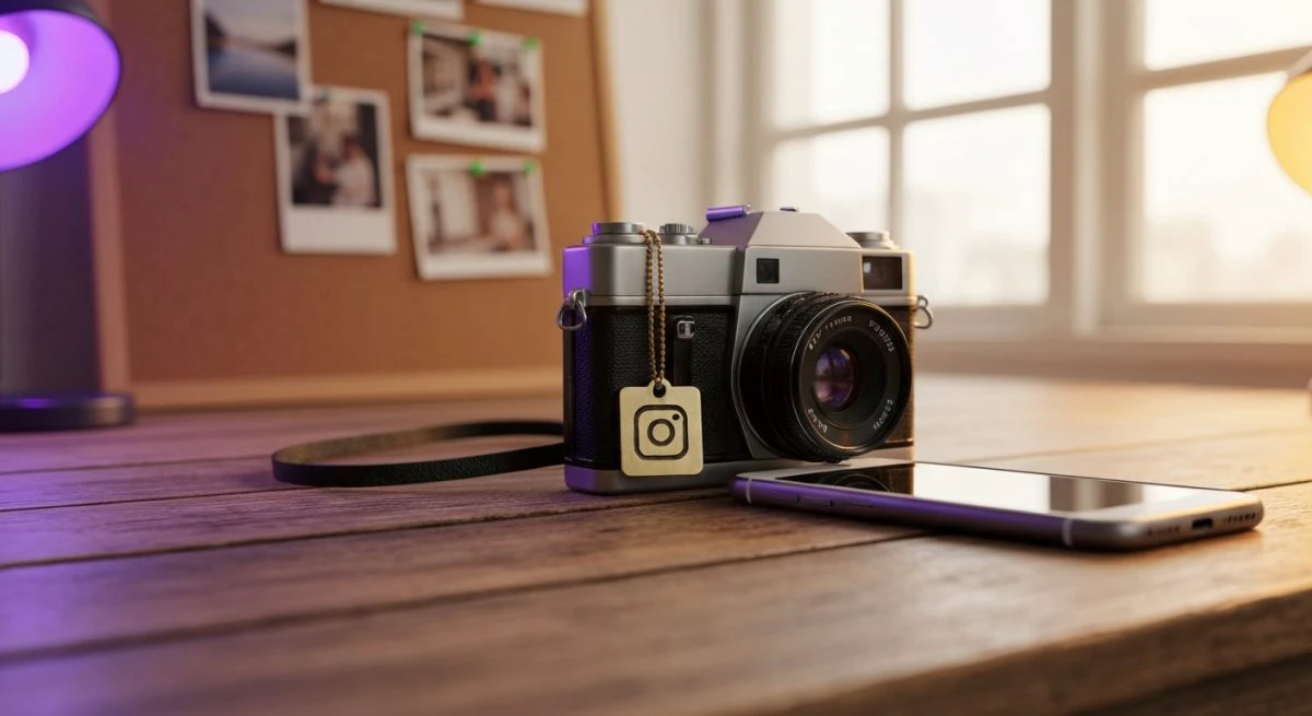 Cámara vintage 35mm con placa Instagram grabada y móvil junto