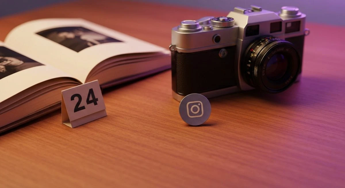 Cámara vintage de cine con insignia Instagram sobre escritorio cálido