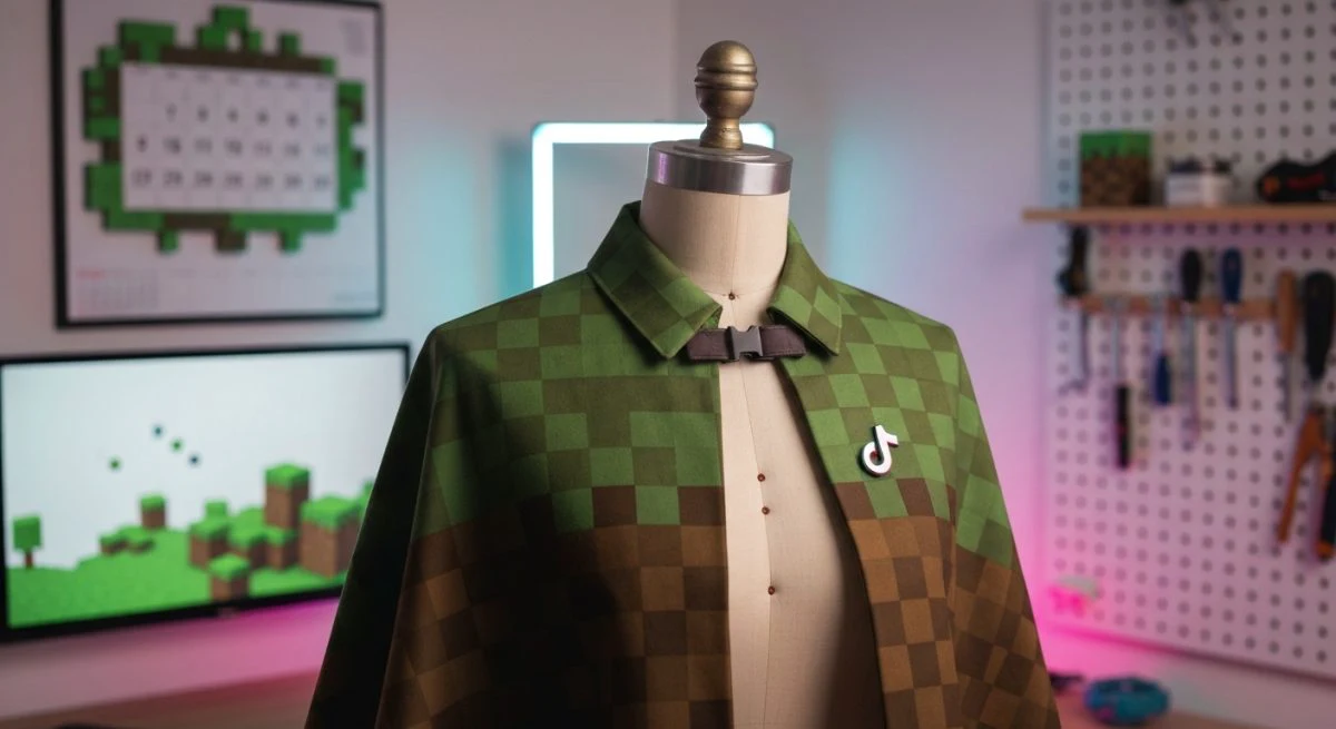 Capa estilo Minecraft en maniquí con pin TikTok verde marrón