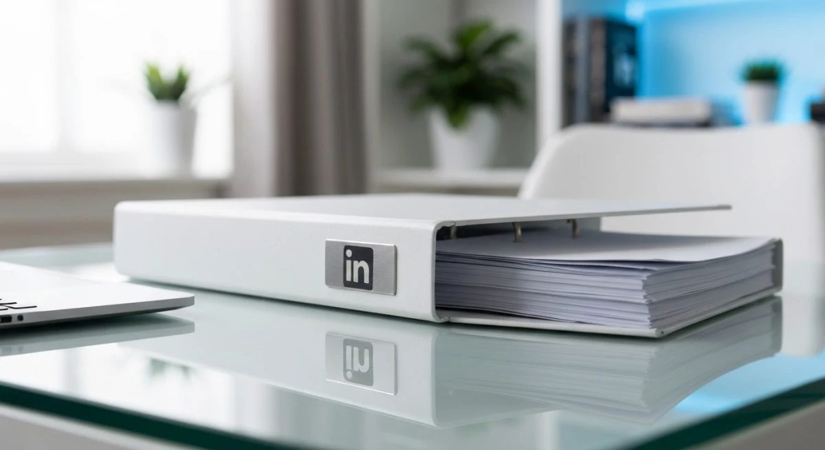 Carpeta blanca de resúmenes con placa LinkedIn junto a portátil