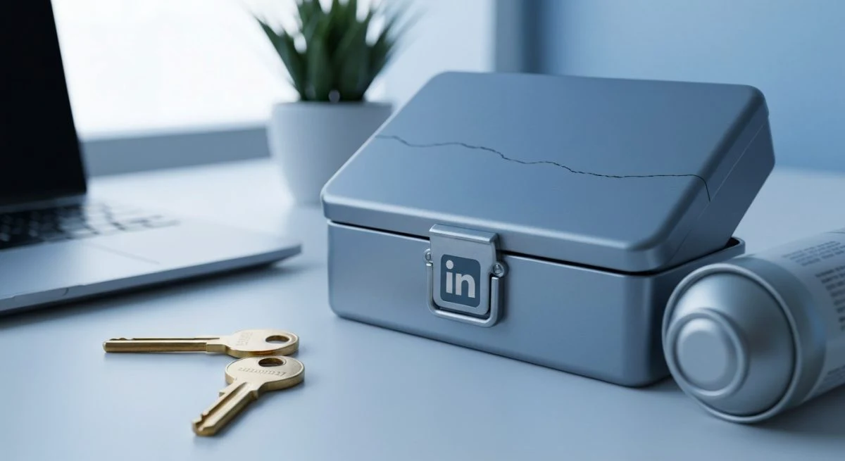 Cierre grabado con LinkedIn en caja de herramientas metálica abierta