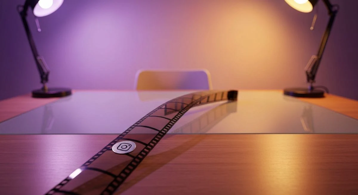 Cinta de película vintage sobre escritorio nogal con logotipo Instagram