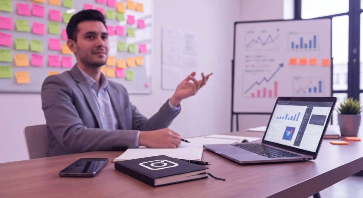 Community manager sentado en escritorio moderno con cuaderno logotipo Instagram