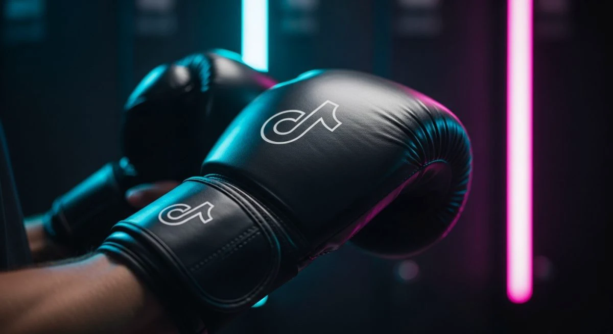 Competidor ajustando guantes de boxeo con logo de TikTok