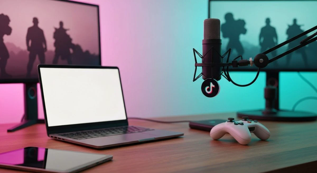 Configuracion de streaming moderna para TikTok con microfono laptop monitor