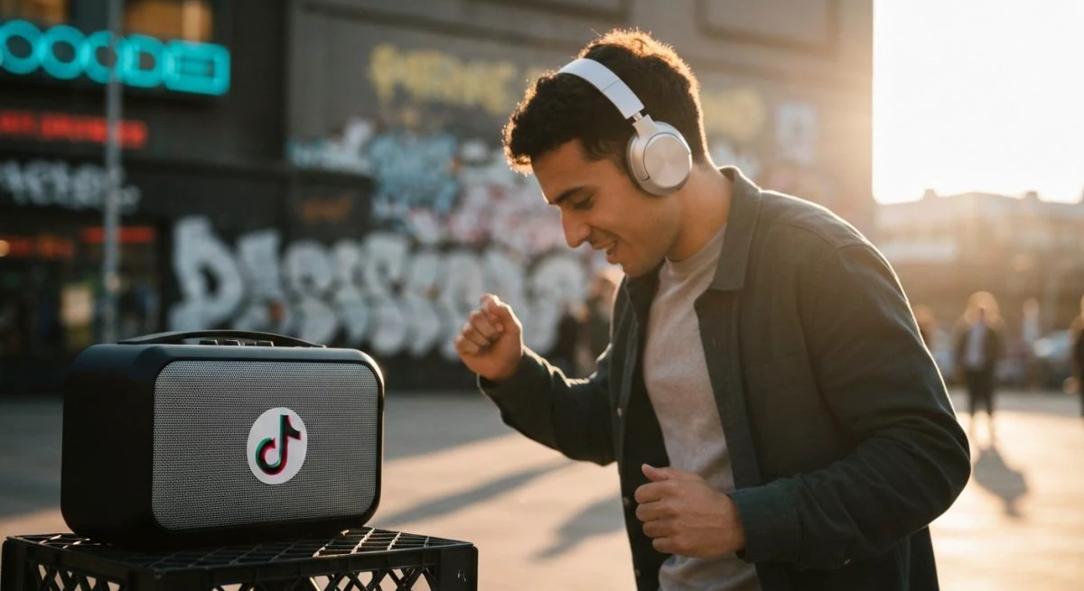 Creador callejero baila con audífonos inalámbricos TikTok frente graffiti