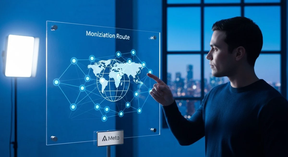 Creador de contenido analiza tablero acrílico transparente con logo Meta