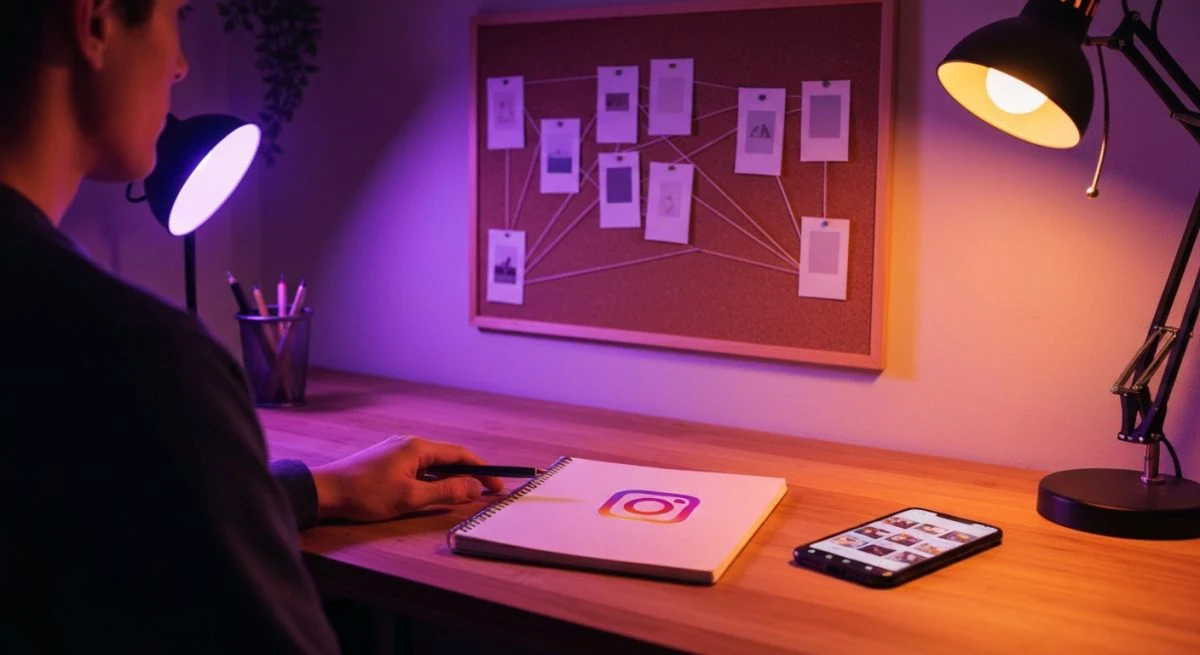 Creador de contenido en escritorio de madera observa Instagram historia