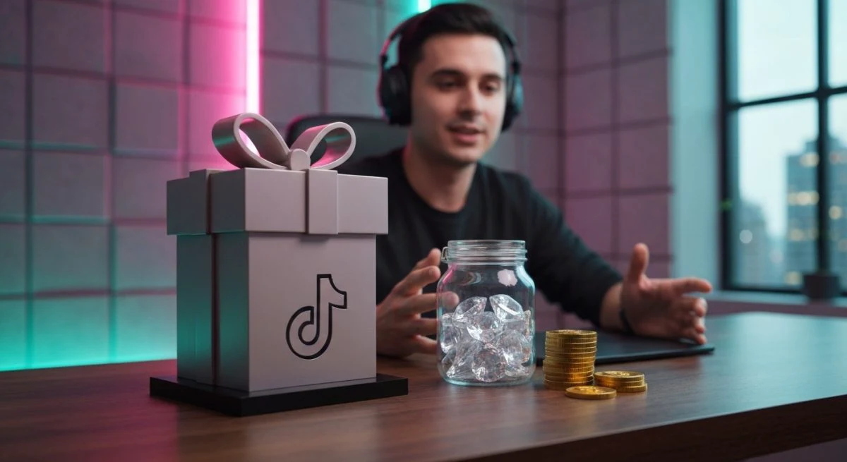 Creador de contenido en estudio compacto con trofeo regalo TikTok