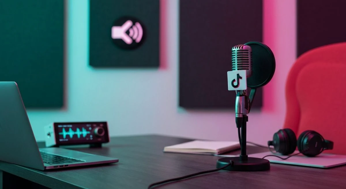 Creador de contenido en estudio con micrófono dinámico vintage TikTok