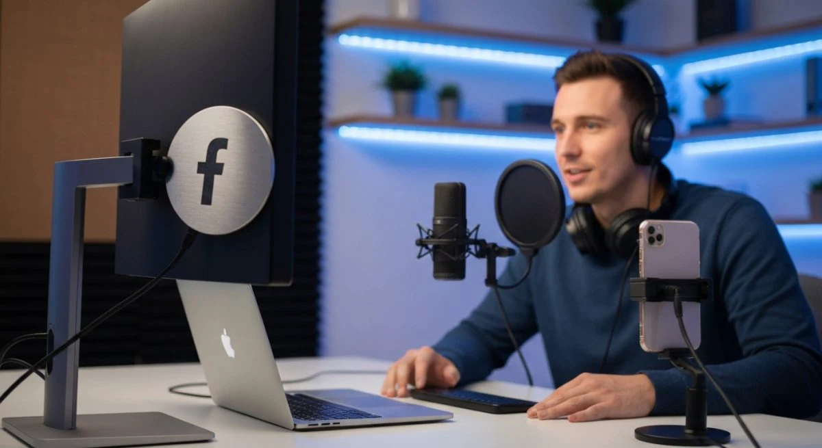 Creador de contenido en estudio hogareño con micrófono y Facebook