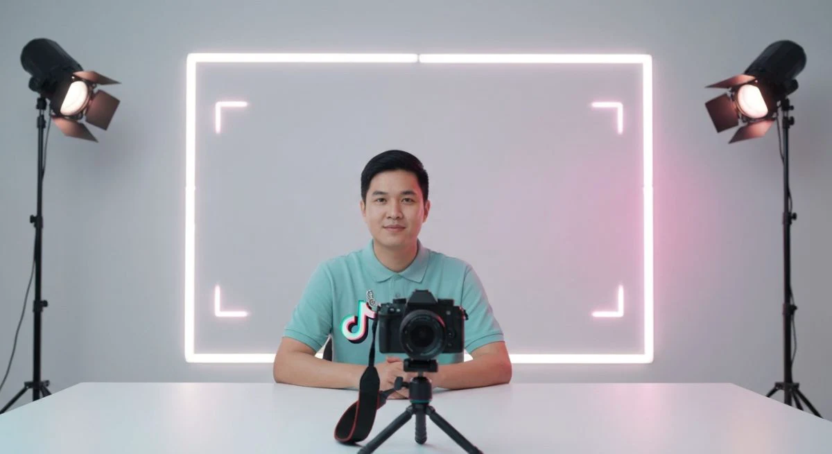 Creador de contenido en estudio moderno con cámara mirrorless TikTok